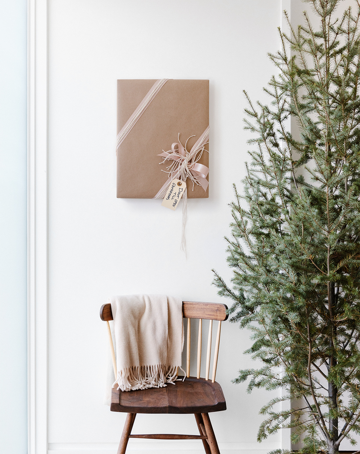 Gift-wrapped photo frame hanging on wall next to tree