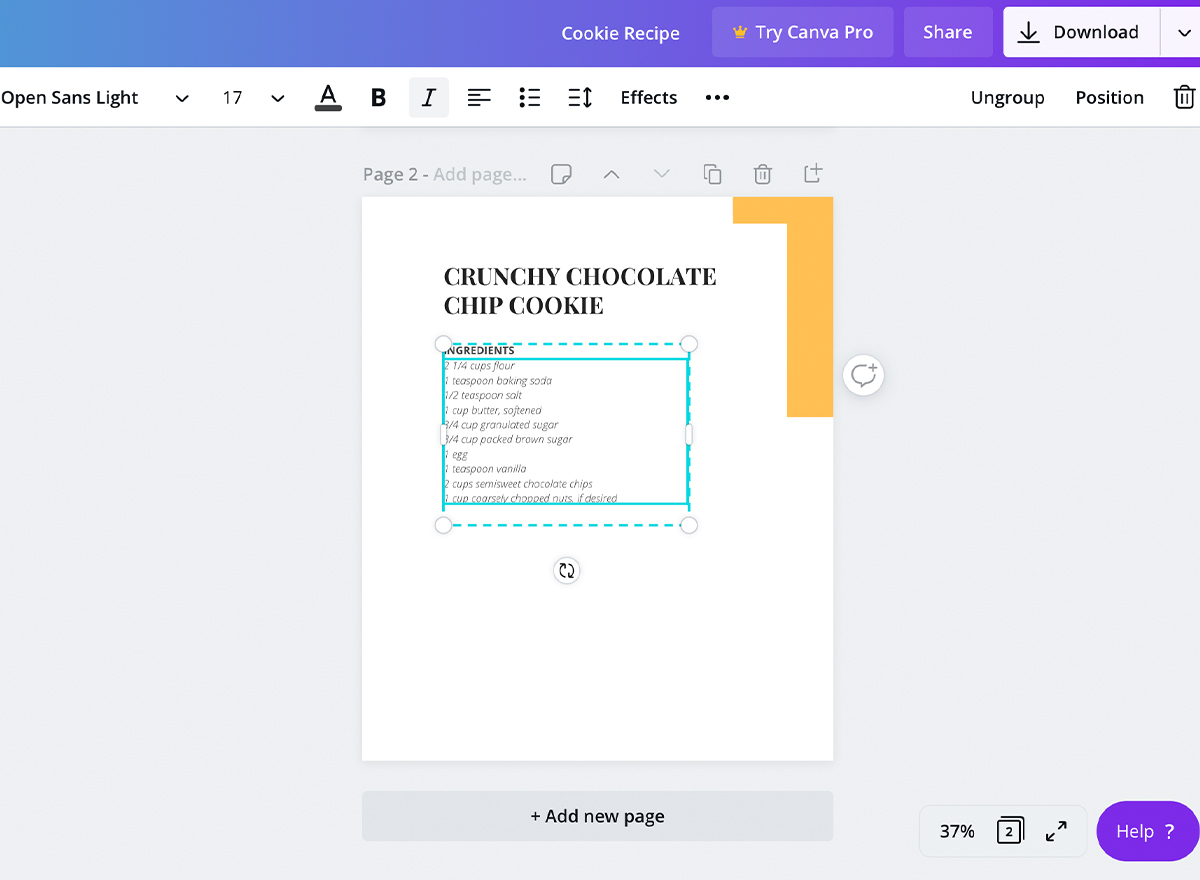 Screenshot of styling recipe text in Canva